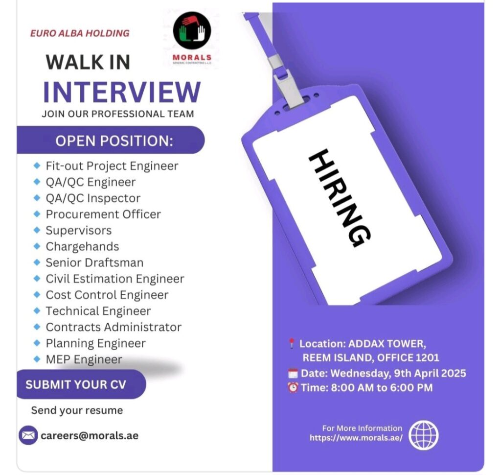 Morals General Contracting LLC Is Hiring – Walk-In Interview 2025: Dates, Venues, and Key Details