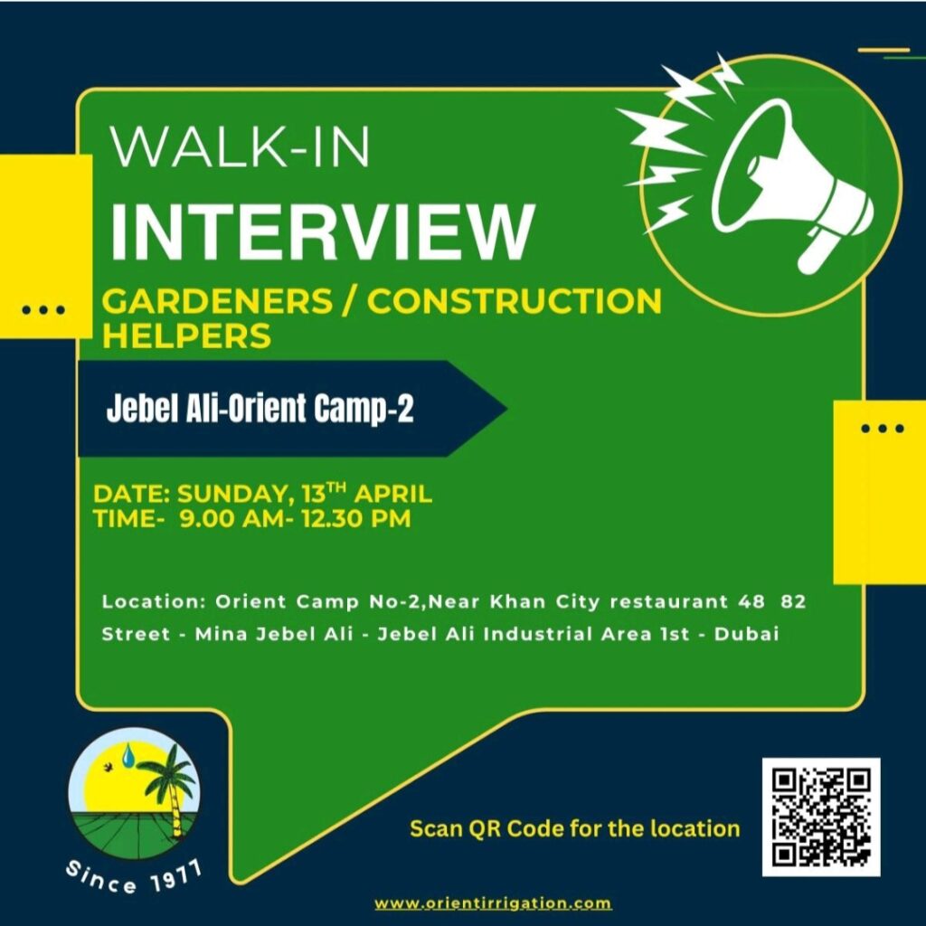 Orient Irrigation Services Walk in Interview in Dubai 2025: Dates, Venues, and Key Details