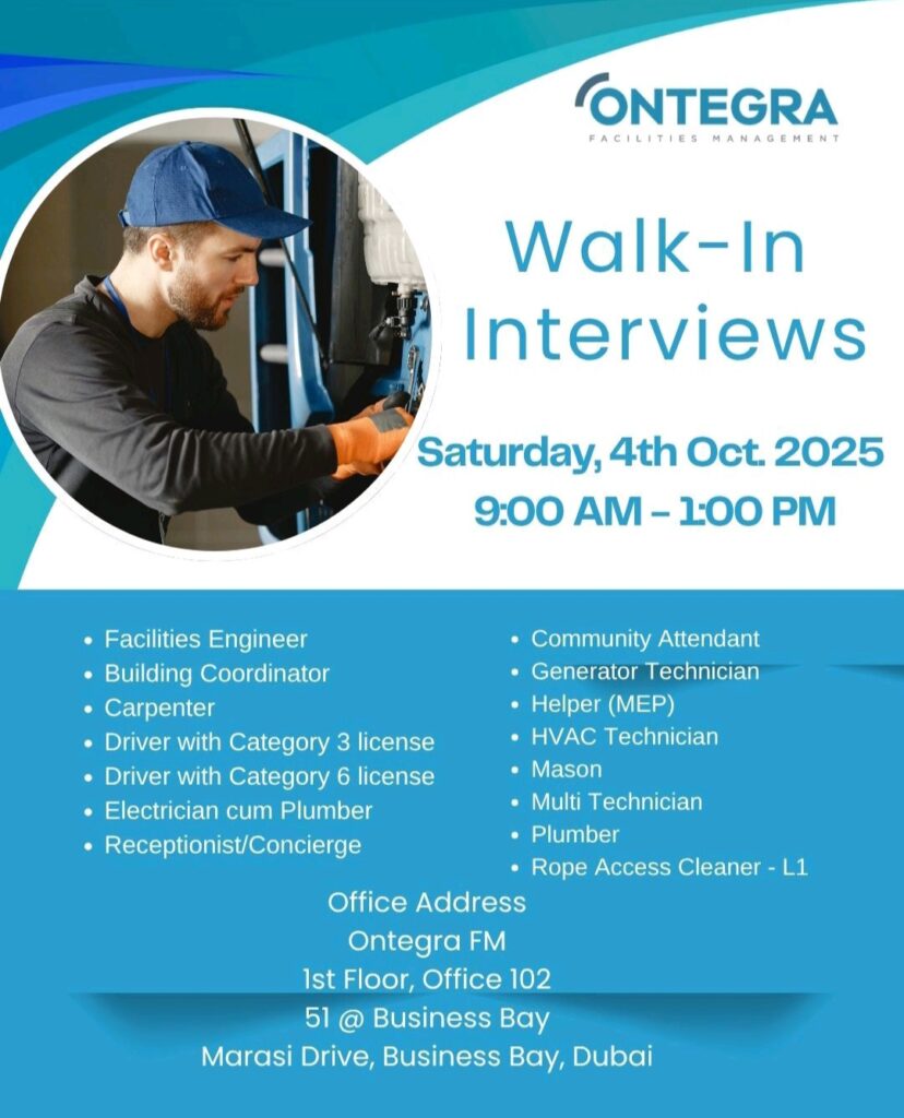 Ontegra Facilities Management  Walk in Interview in Dubai 2025