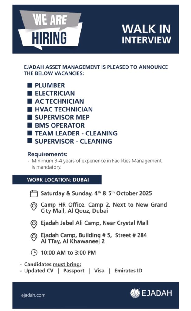 Ejadah Asset Management Announces Walk-in Interviews in Dubai: Grab Your Facilities Management Job Now