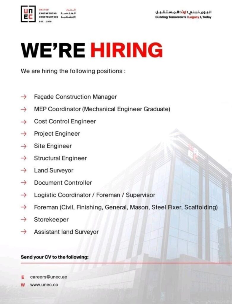 construction jobs Dubai, UAE engineering careers, UNEC careers 2024, MEP coordinator jobs, facade construction manager, site engineer vacancy UAE, Dubai construction recruitment, latest jobs in Dubai, civil engineer jobs, project engineer UAE, land surveyor jobs, document controller vacancy, logistics foreman jobs, storekeeper jobs Dubai, UAE job vacancies