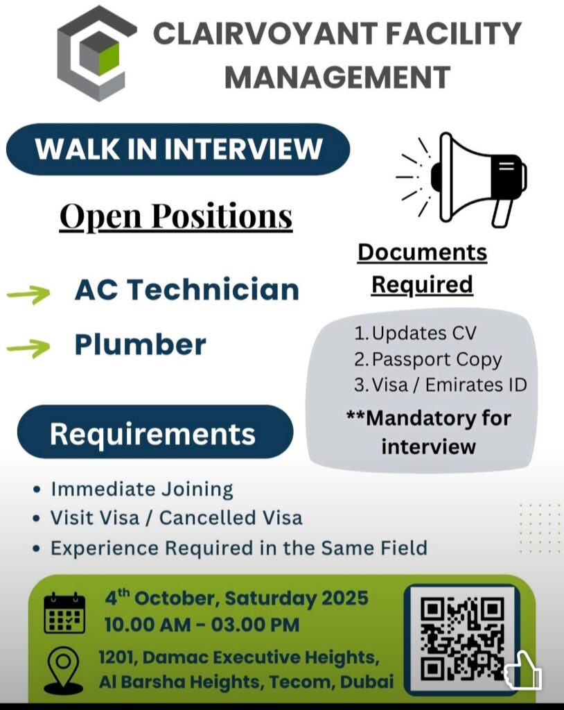 Clairvoyant Walk in Interview for AC Technicians and Plumbers in Dubai 2025