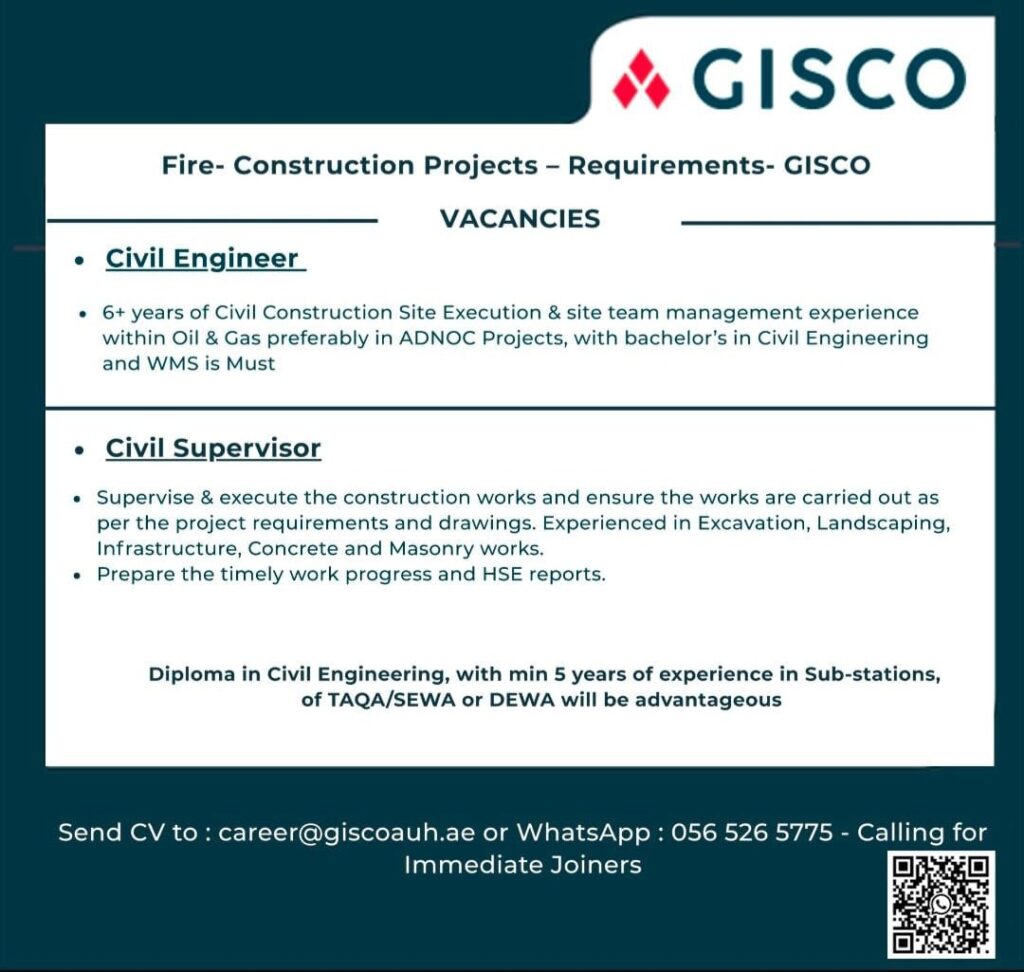 GISCO is Hiring Civil Engineers & Supervisors in Abu Dhabi