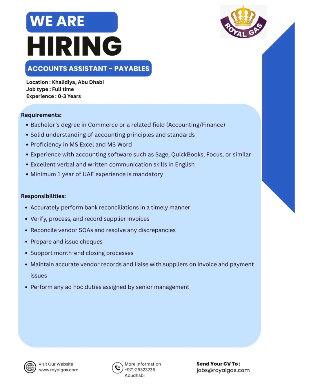 Royal Assistant Roleplay Roles Accounts Assistant (Payables) Role at Royal Gas Abu Dhabi 2025