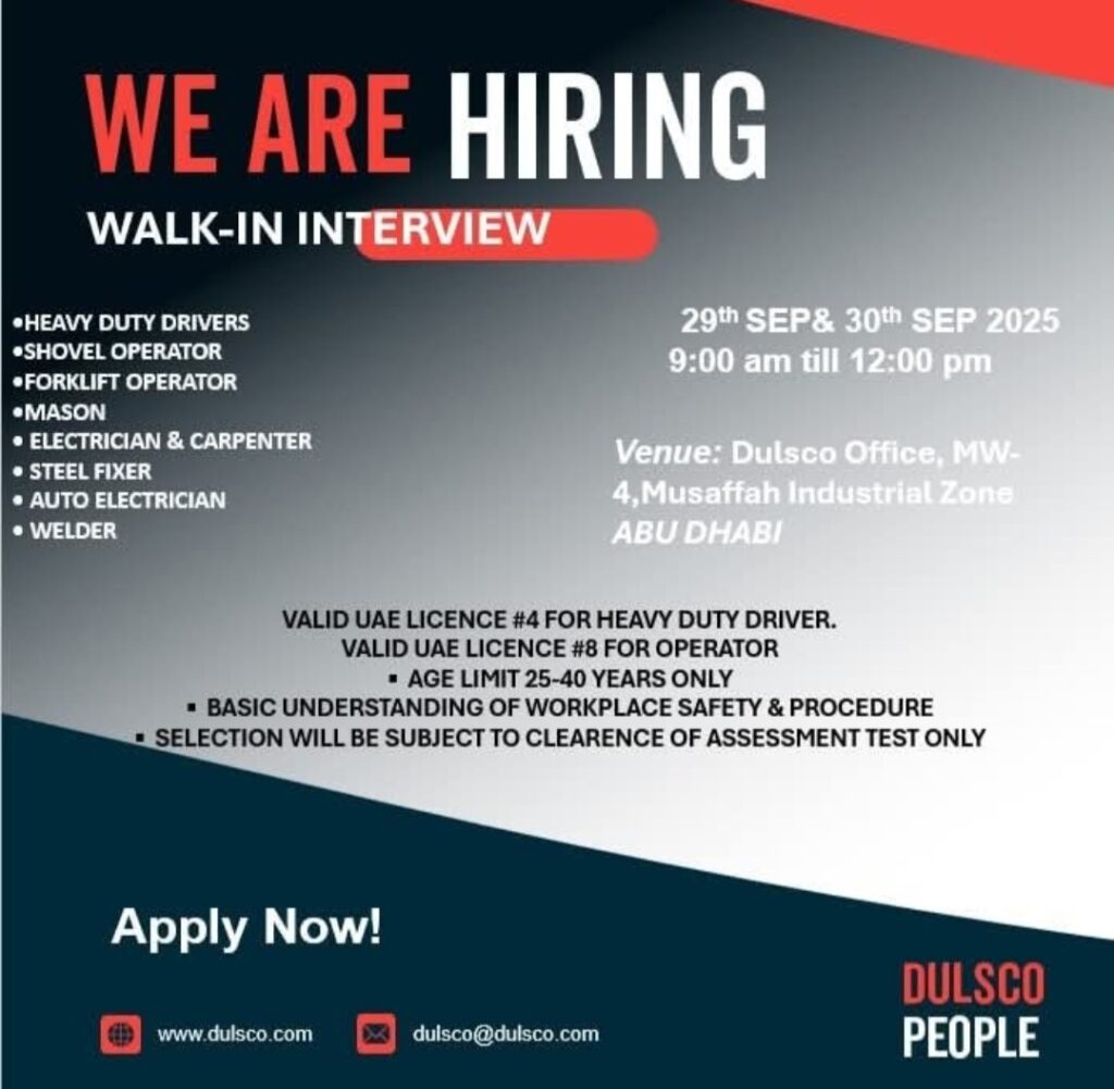 Dulsco jobs, walk in interview Abu Dhabi, UAE driving license jobs, heavy duty driver jobs UAE, forklift operator vacancy, shovel operator job, mason electrician carpenter jobs, steel fixer welder auto electrician career, Musaffah recruitment drive, UAE jobs September 2025, Dulsco careers, licensed driver jobs Abu Dhabi, industrial jobs Abu Dhabi.