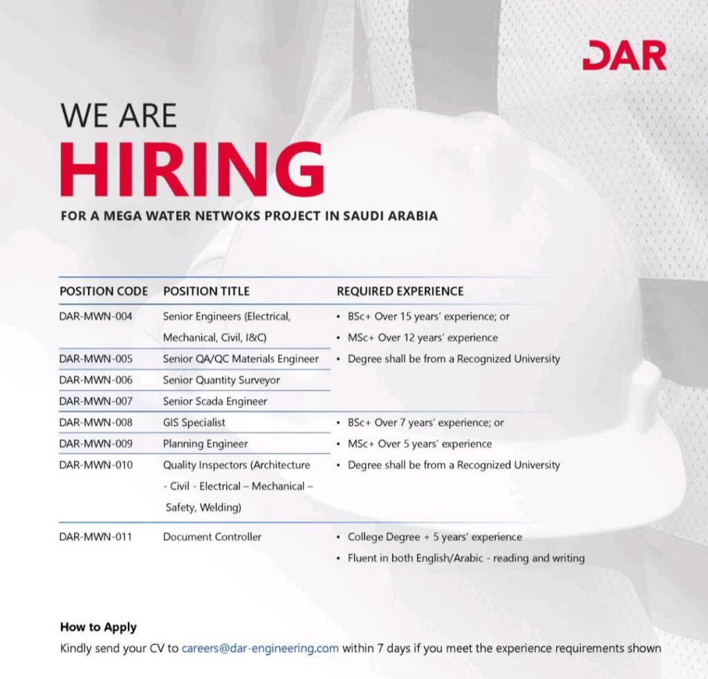 DAR Engineering is Hiring! Join a Mega Water Networks Project in Saudi Arabia