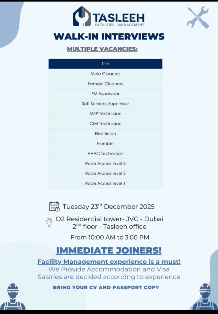 Tasleeh Facilities Management Walk in Interview 2025