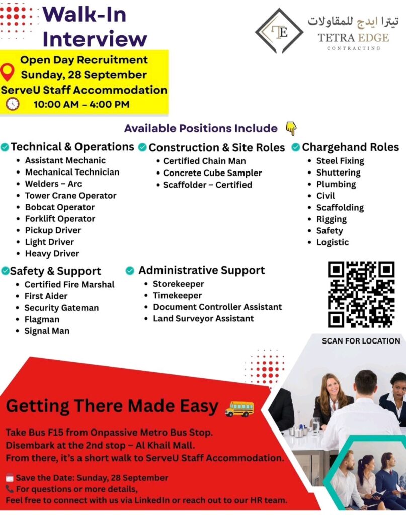  Walk-in Interview Dubai, Union Properties Careers, Construction Jobs Dubai, Safety Officer Jobs UAE, Heavy Driver Jobs Dubai, UAE Recruitment 2025, Walk-In Jobs UAE, ServeU Careers, Dubai Job Vacancies