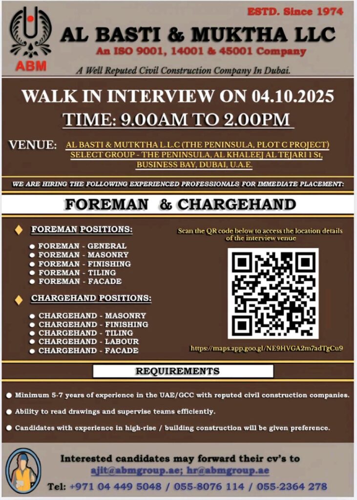Walk in interview Dubai, construction jobs Dubai, foreman jobs UAE, chargehand vacancies, Al Basti Muktha careers, UAE construction company jobs, immediate hiring in Dubai, high-rise construction jobs.