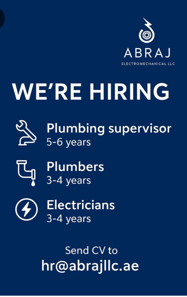 Abraj Electromechanical hiring, jobs in Dubai, electrician jobs Dubai, plumber jobs UAE, plumbing supervisor jobs, immediate hiring in Dubai, electromechanical company careers, Tower project jobs Dubai, factory project experience, send CV to hr@abrajllc.ae, skilled technician jobs UAE, construction jobs Dubai 2024.