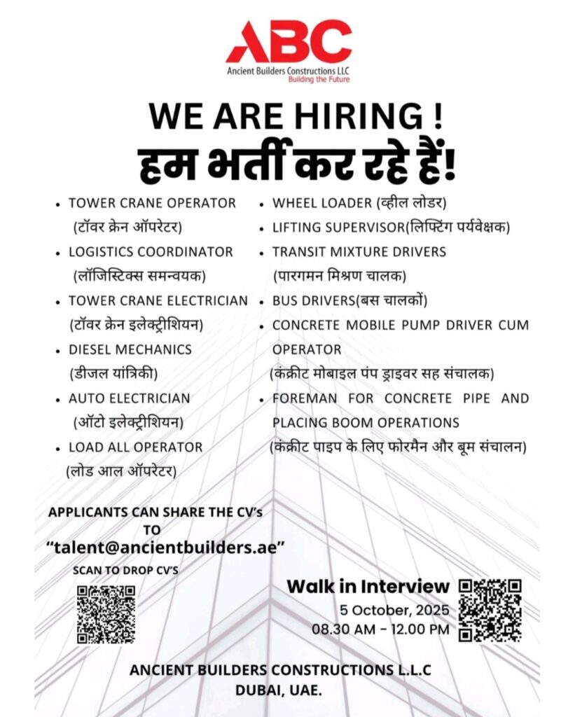 Ancient Builders Constructions LLC Hiring in Dubai – Walk-in Interview 2025