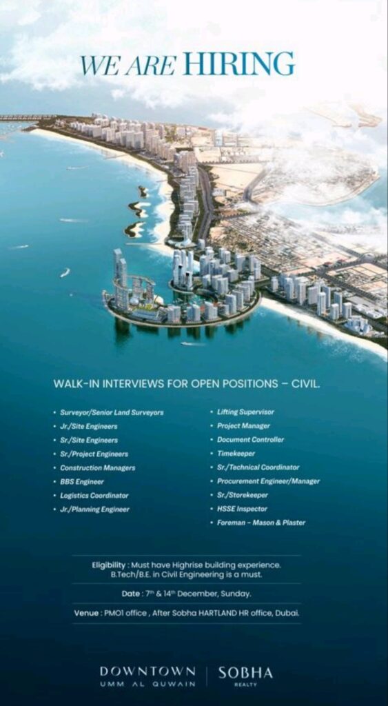 Walk-in Interviews in Dubai: Civil Engineering Jobs at Sobha Realty