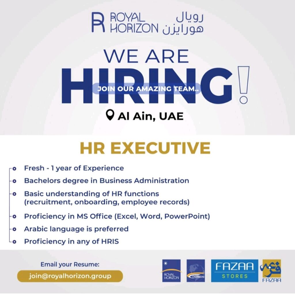 HR Executive jobs UAE, entry level HR positions Al Ain, Royal Horizon Holding careers, HR jobs for freshers, Arabic speaking HR jobs, Human Resources administrator, HRIS proficiency jobs, UAE hiring 2024, graduate business administration jobs.