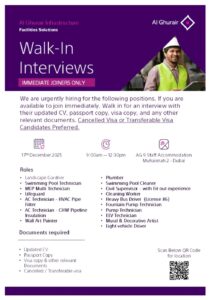 Al Ghurair Facilities Solutions Announces Walk-In Interviews in Dubai for Immediate Joiners